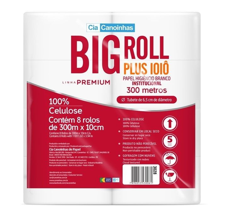 Papel higiênico Rolão Big Roll Plus C/ 8 Rolos DE 300 MTS